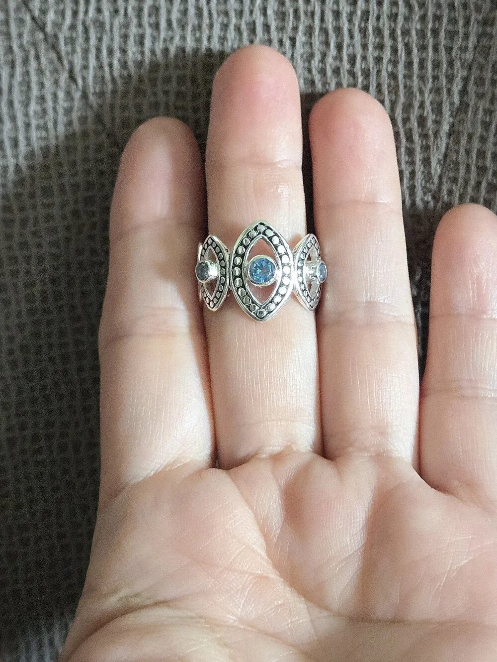 Athra Trading Inc. (ATI) Silver🤍 Ring💍 with Evil Eyes🧿 and Sky Blue🩵 Topaz
